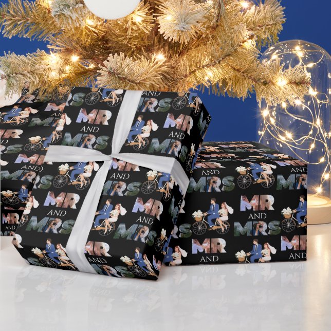 Custom Photo Mr & Mrs Wedding Black Wrapping Paper (Holidays)