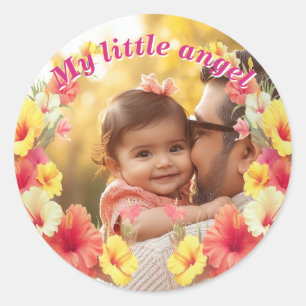 Custom Photo My Little Angel Floral Classic Round Sticker