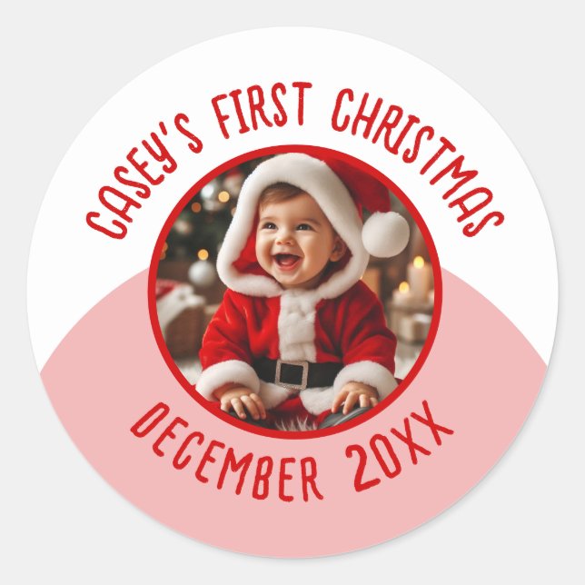 Custom Photo Name add Year Baby's First Christmas  Classic Round Sticker (Front)