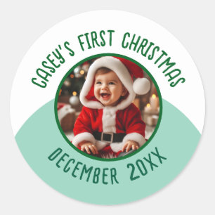 Custom Photo Name add Year Baby's First Christmas Classic Round Sticker