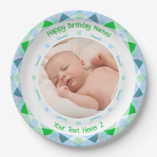 Custom Photo Name Age Blue Green Birthday Star Paper Plate