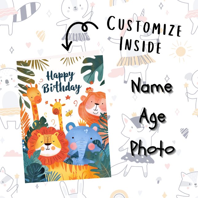 Custom Photo Name Age | Cute Animals Illustration Card (Creator Uploaded)
