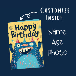Custom Photo Name Age   Cute Monster Illustration Card