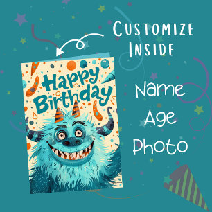 Custom Photo Name Age   Cute Monster Illustration Card