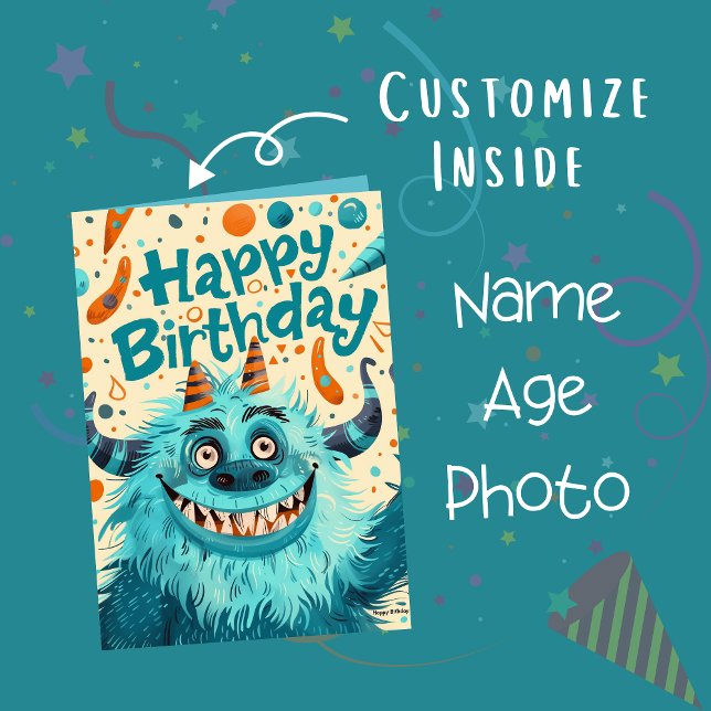 Custom Photo Name Age | Cute Monster Illustration Card (Creator Uploaded)