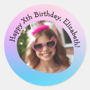 Custom Photo Name & Age Happy Birthday Gradient  Classic Round Sticker