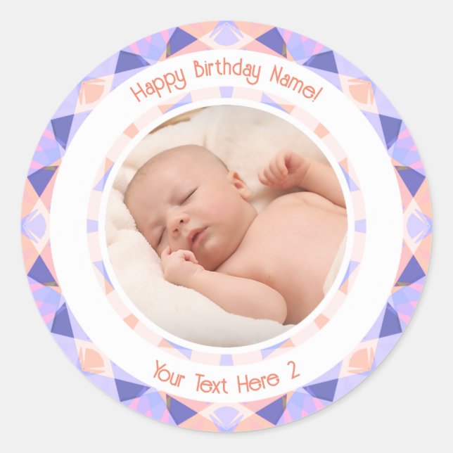 Custom Photo Name Age Pink Purple Birthday Star Classic Round Sticker (Front)