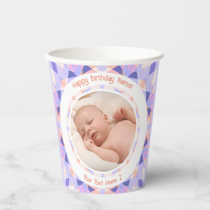 Custom Photo Name Age Pink Purple Birthday Star Paper Cups