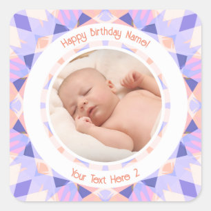 Custom Photo Name Age Pink Purple Birthday Star Square Sticker