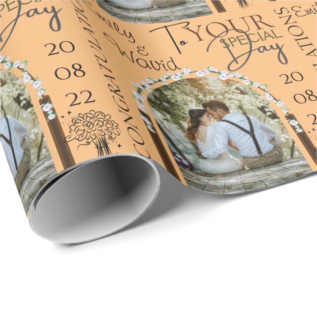 Custom Photo Name and Date Stylish Wedding Wrapping Paper (Roll Corner)