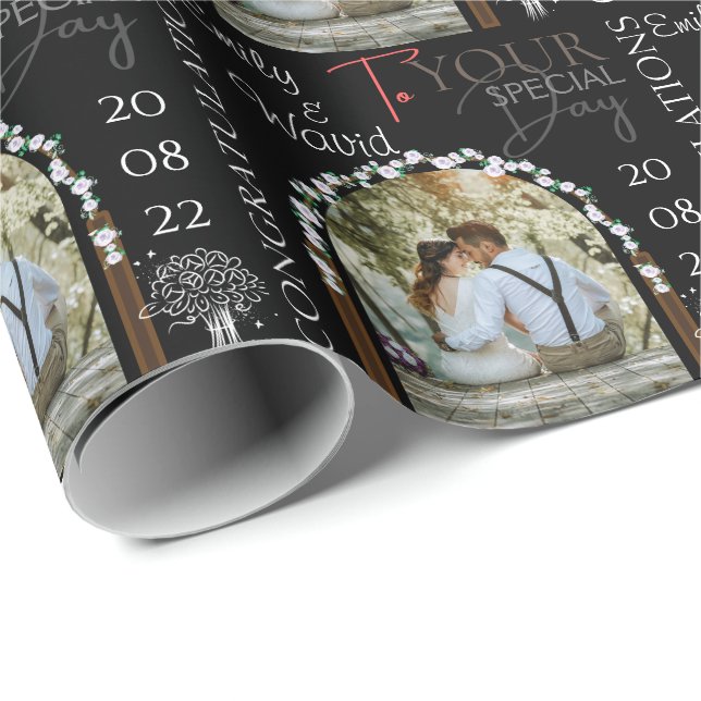 Custom Photo Name and Date Stylish Wedding Wrapping Paper (Roll Corner)