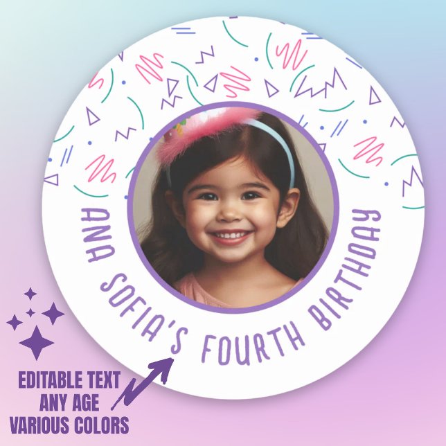 Custom Photo Name Any Age Birthday 90s Pattern Classic Round Sticker (Custom Photo Name Any Age Birthday 90s Pattern Classic Round Sticker.)