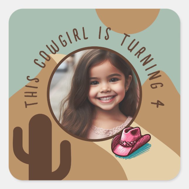 Custom Photo Name Any Age Cowgirl Theme Birthday  Square Sticker (Front)