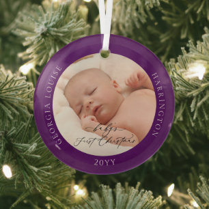 Custom Photo Name Baby's First Purple Christmas Glass Tree Decoration