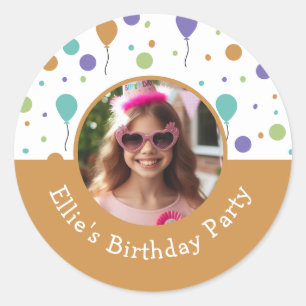 Custom Photo Name Balloon Confetti Birthday Party Classic Round Sticker