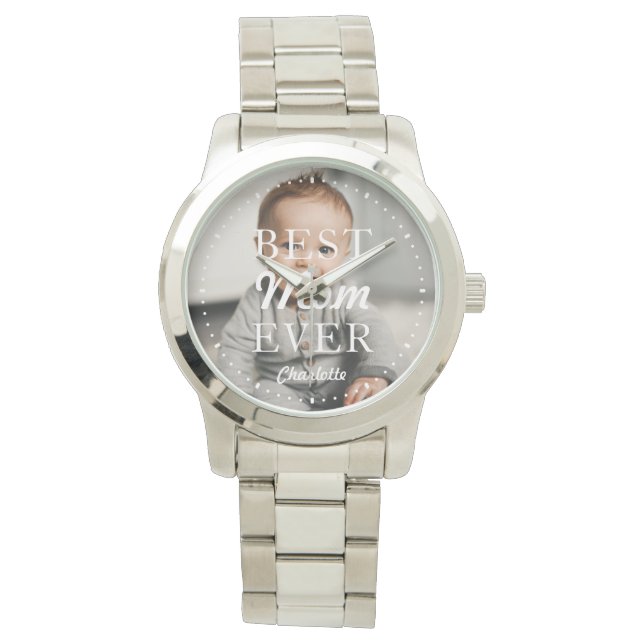 Custom Photo Name Best Mum Ever Silver Watch (Front)