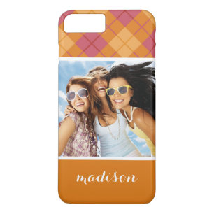 Custom Photo & Name Bias Plaid in Orange and Pink Case-Mate iPhone Case