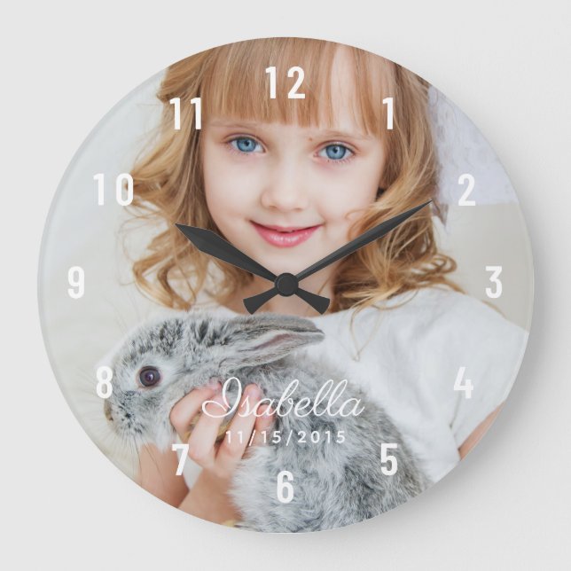 Custom Photo Name Birth Date White Large Clock (Front)