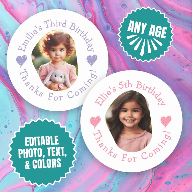 Custom Photo Name Birthday Thank You Favours Classic Round Sticker (Custom Photo Name Birthday Thank You Favors Classic Round Sticker)