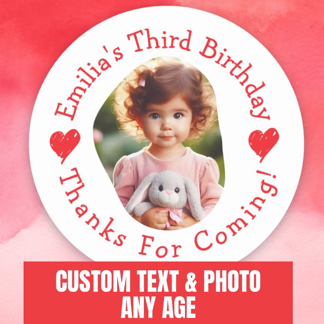 Custom Photo Name Birthday Thank You Favours Classic Round Sticker (Custom Photo Name Birthday Thank You Favors Classic Round Sticker.)