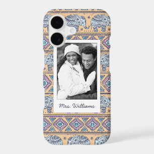 Custom Photo & Name Blue Elephant Tribal Pattern