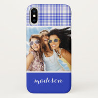 Custom Photo & Name Blue White Plaid 2