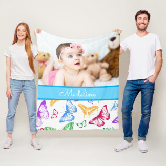 Custom Photo & Name Butterfly Pattern Fleece Blanket