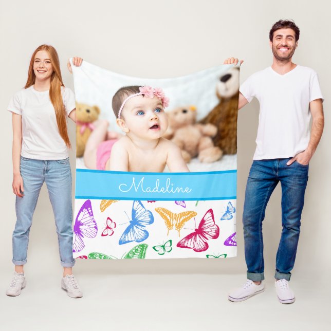 Custom Photo & Name Butterfly Pattern Fleece Blanket (In Situ)