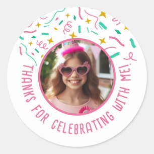 Custom Photo Name Confetti Birthday Thank You Classic Round Sticker