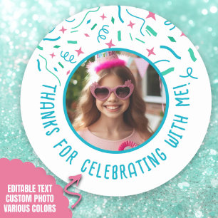 Custom Photo Name Confetti Birthday Thank You  Classic Round Sticker