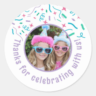 Custom Photo Name Confetti Birthday Thank You Classic Round Sticker
