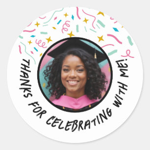 Custom Photo Name Confetti Graduation Thank You  Classic Round Sticker