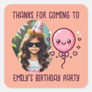 Custom Photo Name Cute Birthday Balloon Thank You Square Sticker
