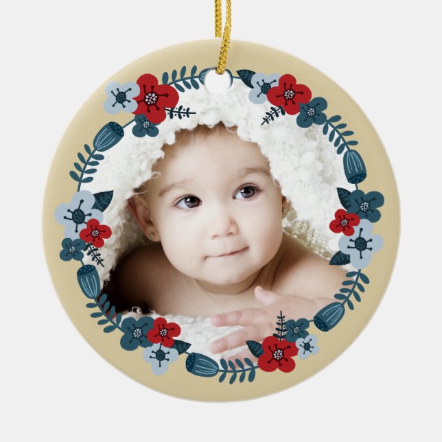 Custom Photo Name Date Scandinavian Floral Wreath Ceramic Tree Decoration (Front)