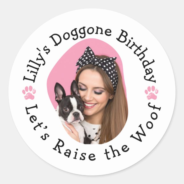 Custom Photo Name Doggone Birthday Party Classic Round Sticker (Front)