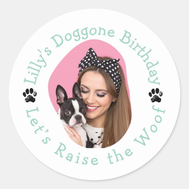 Custom Photo Name Doggone Birthday Party Classic Round Sticker (Front)