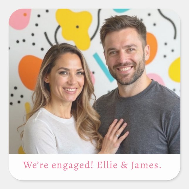 Custom Photo Name Engagement Announcement Script Square Sticker (Front)
