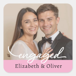 Custom Photo Name Engagement Modern Script Square Sticker