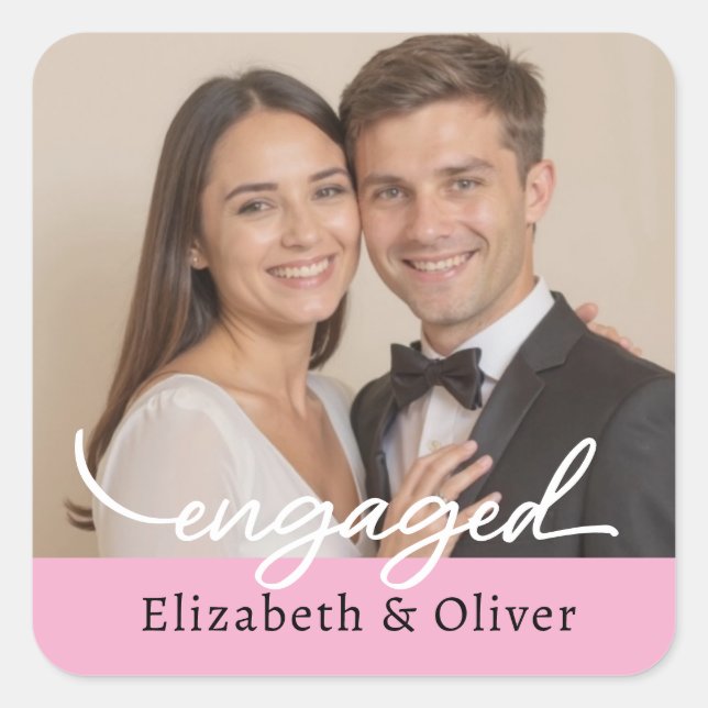 Custom Photo Name Engagement Modern Script Square Sticker (Front)