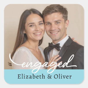 Custom Photo Name Engagement Modern Script Square Sticker