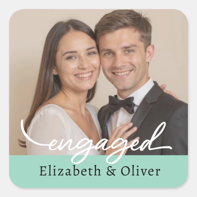 Custom Photo Name Engagement Modern Script Square Sticker (Front)