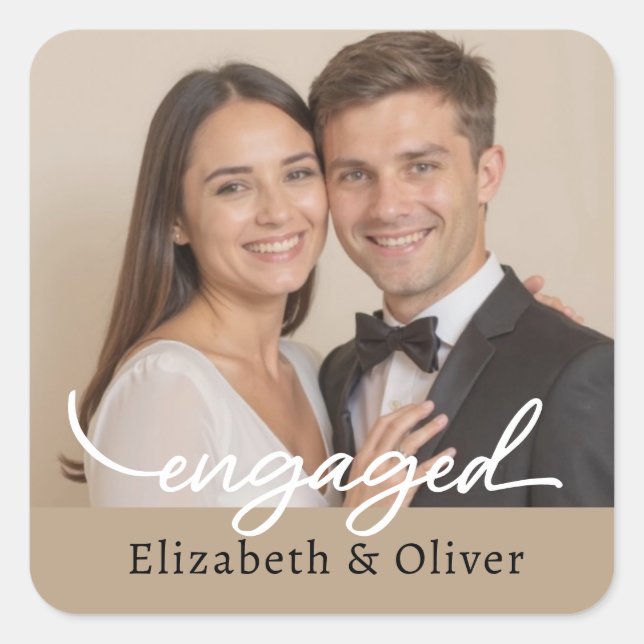 Custom Photo Name Engagement Modern Script Square Sticker (Front)