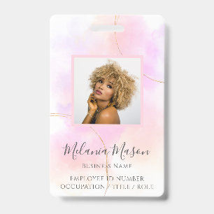 Custom Photo Name Gold Pink Watercolor Staff  ID Badge