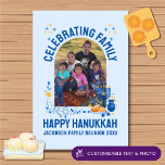 Custom Photo Name HANUKKAH FAMILY REUNION  Tea Towel<br><div class="desc">Stylish kitchen towel souvenir for HANUKKAH FAMILY REUNION with CUSTOMIZABLE PHOTO AND NAME. Ideal memento of your special family occasion. Design includes popular Chanukah elements including dreidel, menorah, latke, and Star of David, in blue and orange colorway. Upload your photo and personalise with your name and/or title of your event....</div>