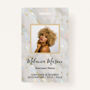 Custom Photo Name Holographic Faux Opal Stone ID Badge