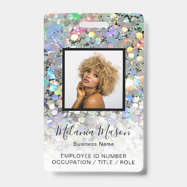 Custom Photo Name Holographic Glitter Staff  ID Badge (Front)