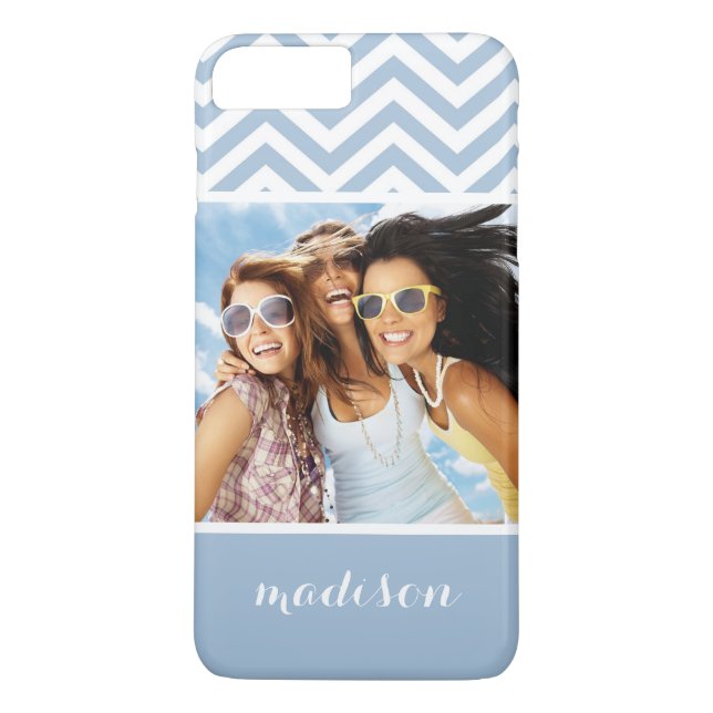 Custom Photo & Name Light Blue Chevron Case-Mate iPhone Case (Back)