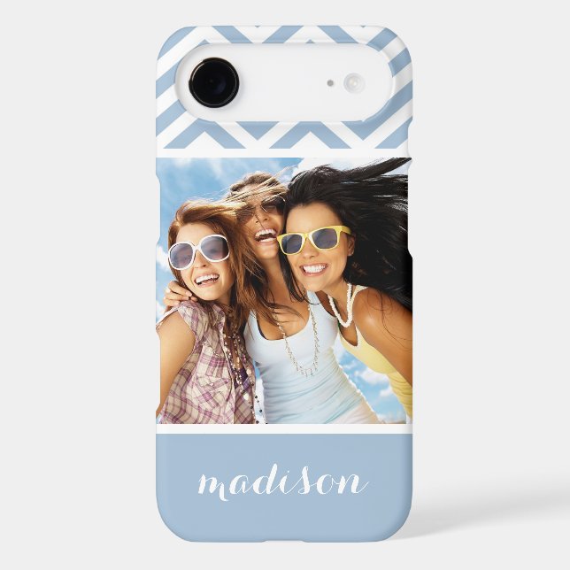 Custom Photo & Name Light Blue Chevron Case-Mate iPhone Case (Back)