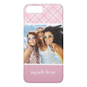 Custom Photo & Name Light Pink Plaid Case-Mate iPhone Case