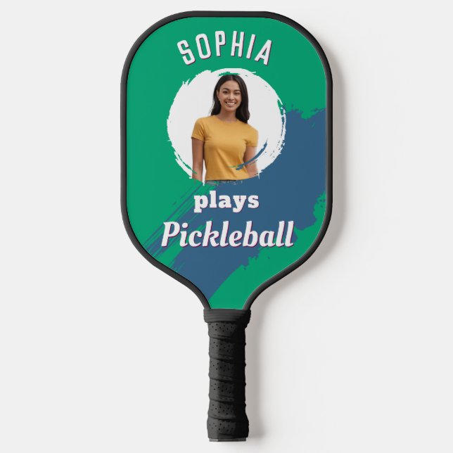 Custom Photo Name Modern Jade Green Pickleball Paddle (Front)